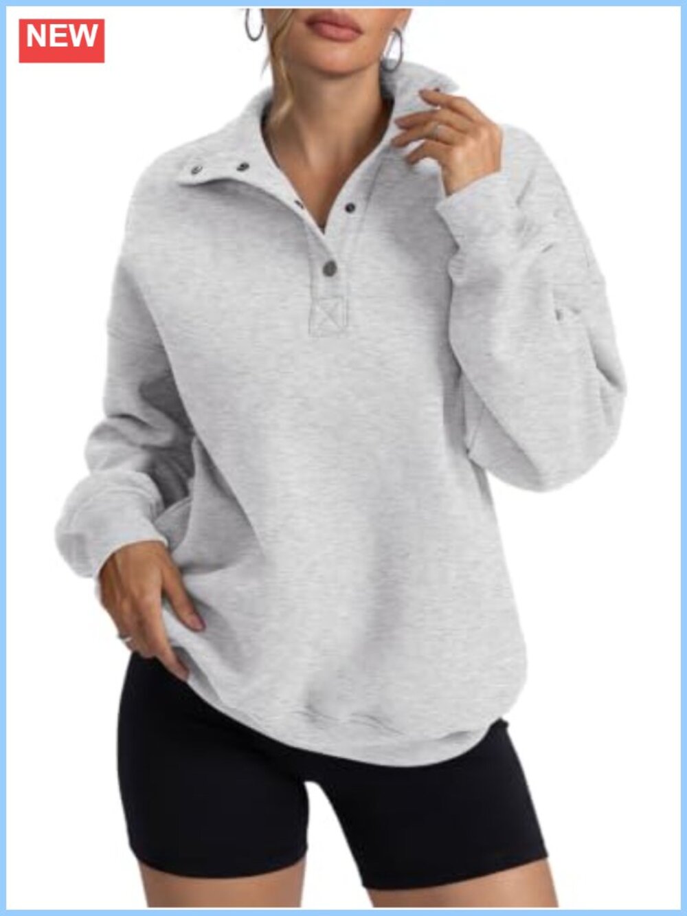 Womens Oversized Fleece Henley Neck Button Up Sweatshirt Pullover Top